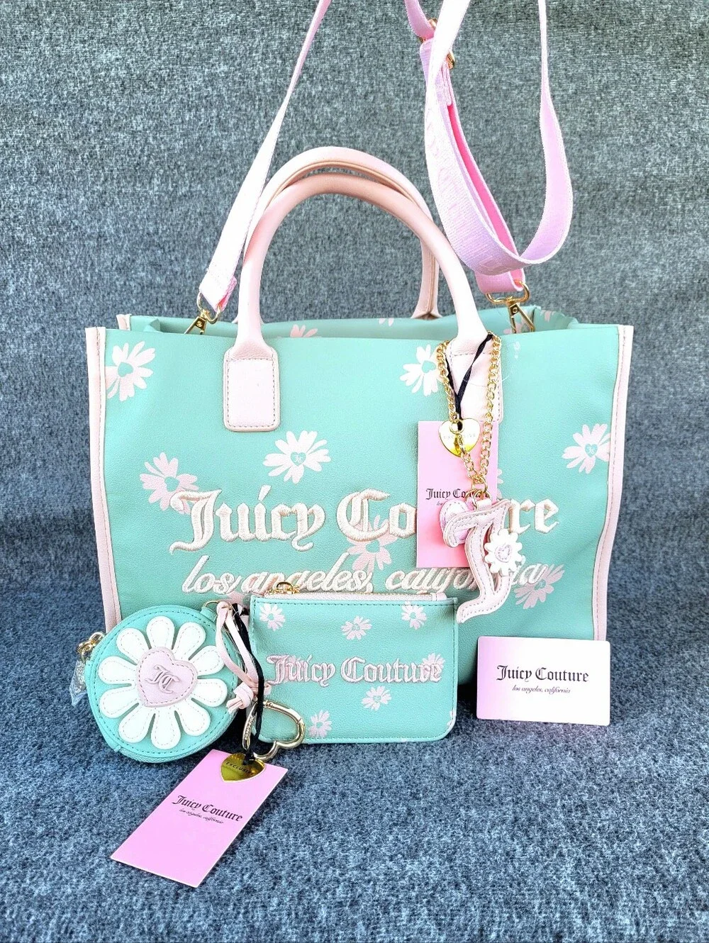 Juicy Couture Daisy For Juicy Tote Frosty Green Pink With Matching Card Wallet